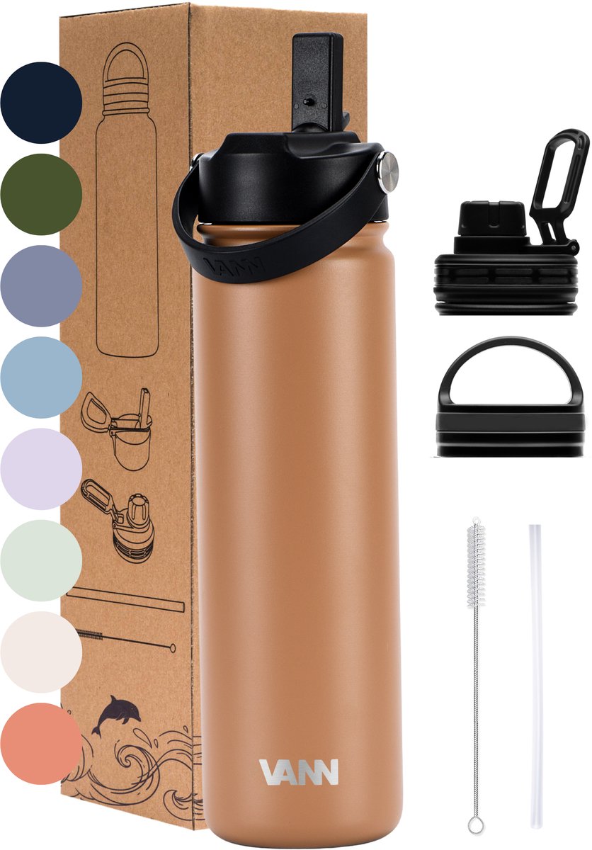 VANN® 3-Wandige RVS Drinkfles 650 ML met rietje voor volwassenen – Met 5 accessoires – Thermosfles – 24 uur koud/12 uur warm – Cappuccino – VANN Ultimate Bottle®