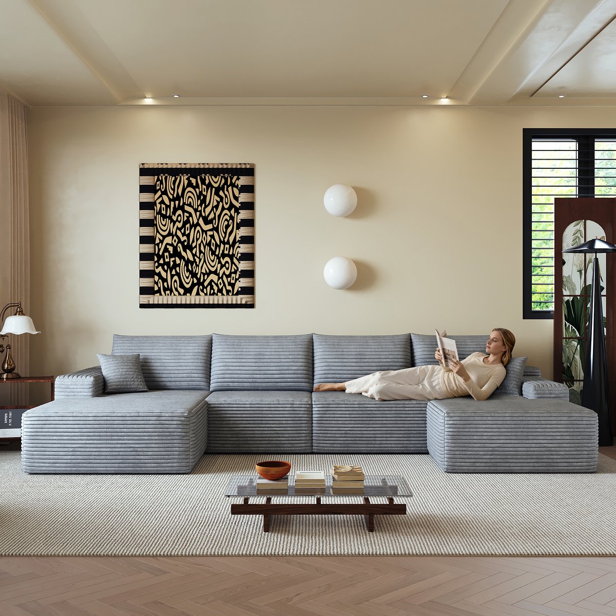 Modulaire Hoekbank 5-Zits - Ribcord Wolkenbank Zonder Frame Met Chaise Longue En Diepe Zit - Grijs