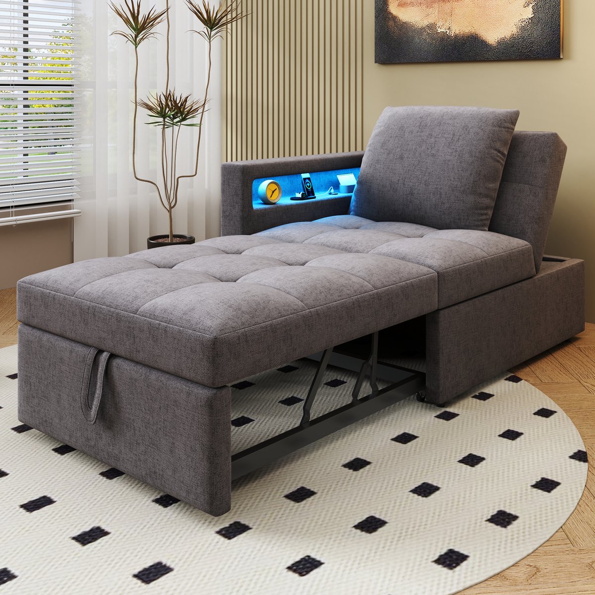 Slaapbank 3-in-1 - Linnen Bedbank Met Verstelbare Rugleuning, LED, USB-C En Opbergruimte - Donkergrijs