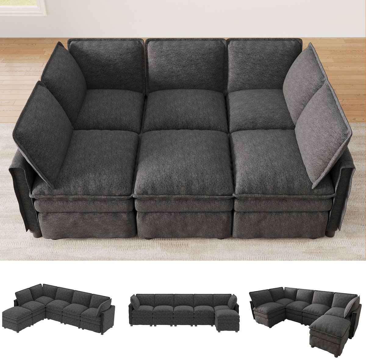 Modulaire Hoekbank - XXL Chenille Slaapbank 6-Zits Met Hocker - U-Of L-Vormige Lounge Sofa Met Verstelbare Opstelling - Dubbele Zitkussens En Pocketveren - Grote Bank Voor Woonkamer Kantoor - Grijs