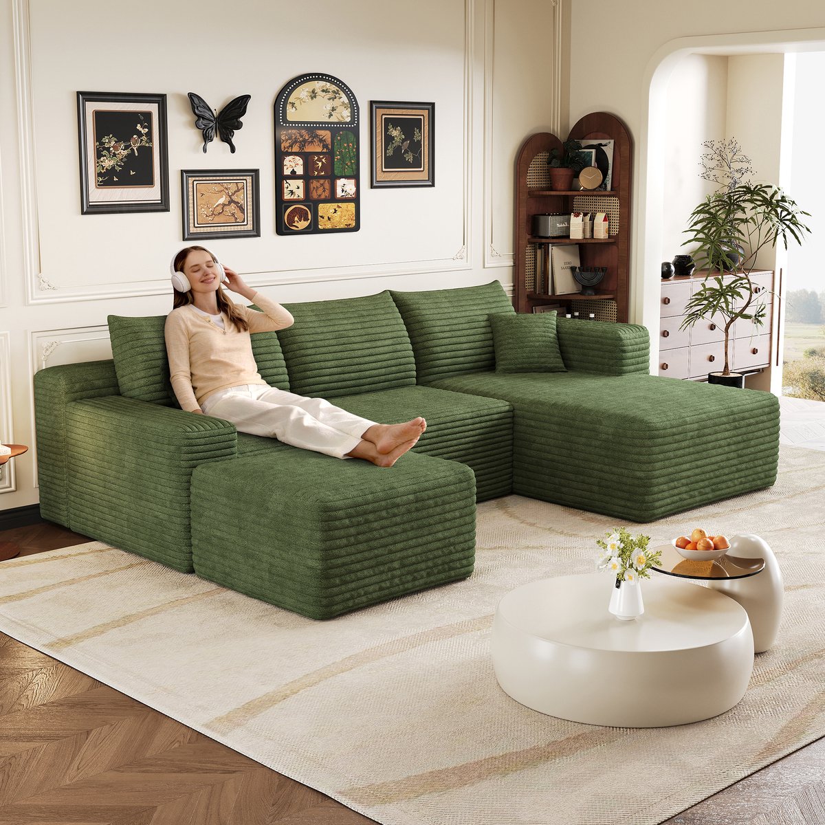 L-Vorm Hoekbank 4-Zits - Moderne Cloud Sofa Met Ribstof Bekleding - Modulaire Lounge Bank Met Diepe Zit En Zacht Comfort - Compacte Bank Voor Woonkamer En Appartement
