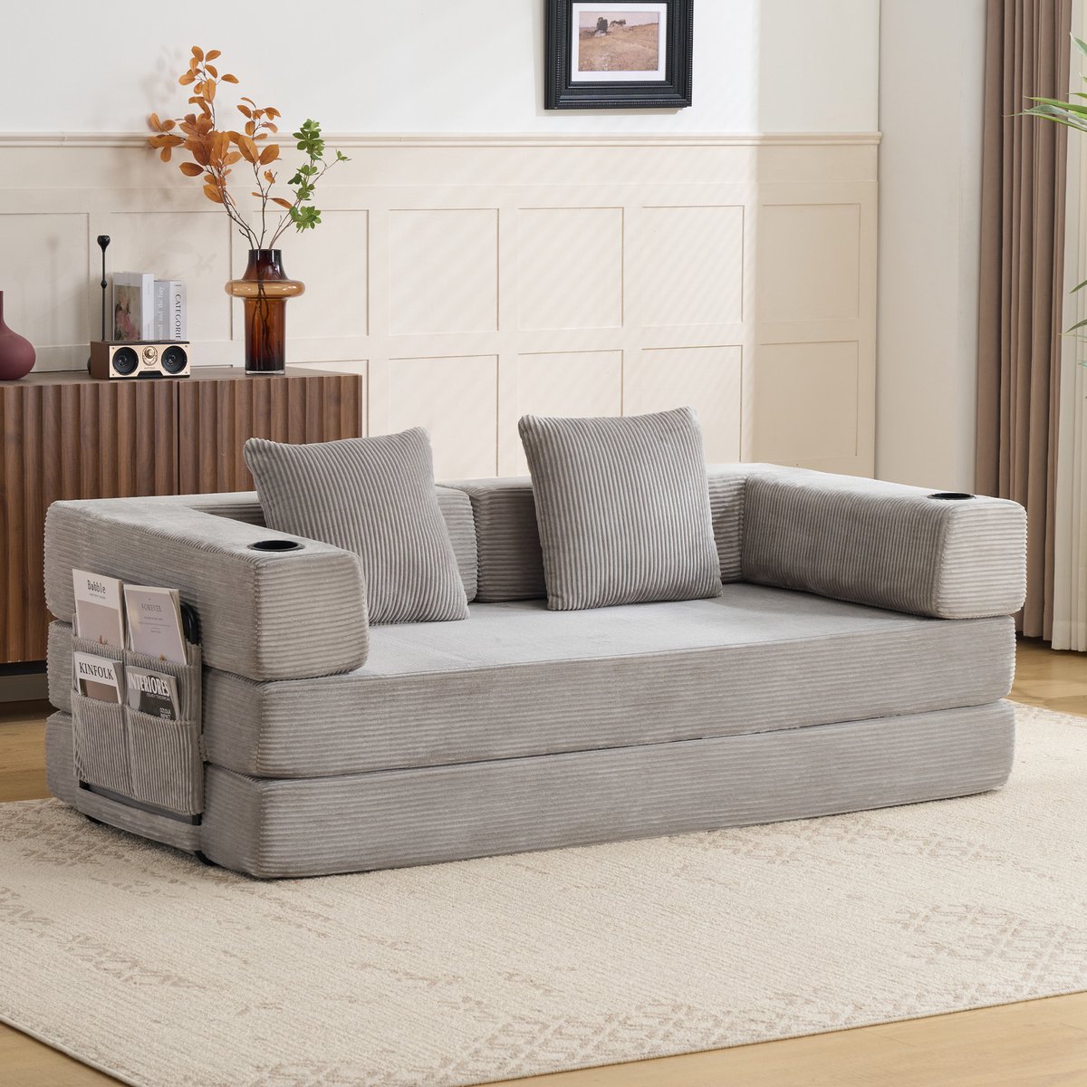 Slaapbank 2 Zits - Corduroy Vloerbank Met Opvouwbaar Design En Kussens - Lichtgrijs