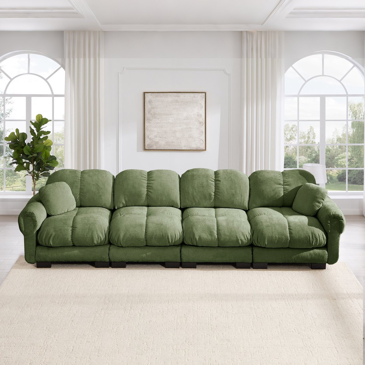 Modulaire Hoekbank - 4-Zits Chenille Bank Met Quilted Design - Luxe Lounge Sofa Met Brede Armleuningen - Ergonomische Zitbank Voor Woonkamer - Groen