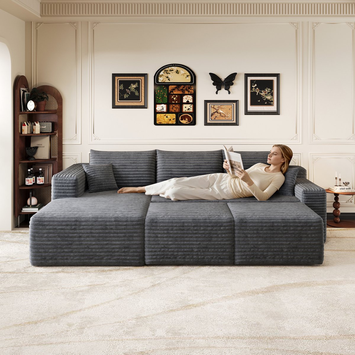 Modulaire Hoekbank - 5-Zits Corduroy Lounge Bank Met Chaise Longue - L-Vormige Cloud Sofa Met Diepe Zit En Zachte Ribstof Bekleding - Moderne Bank Zonder Montage Voor Woonkamer - Donkergrijs