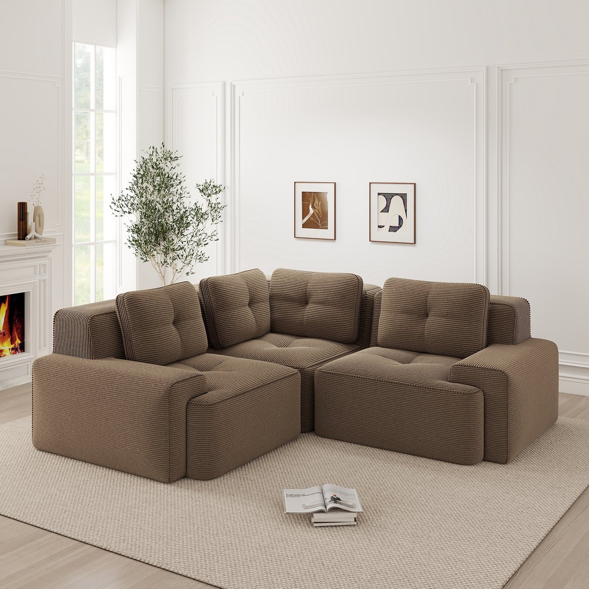 Modulaire Ribstof Hoekbank - 3 Zits Lounge Bank - Diepe Zit Cloud Sofa Zonder Montage - Zachte Relaxbank Met Anti Slip Onderkant - Comfortabele Bank Voor Woonkamer En Kantoor - Bruin