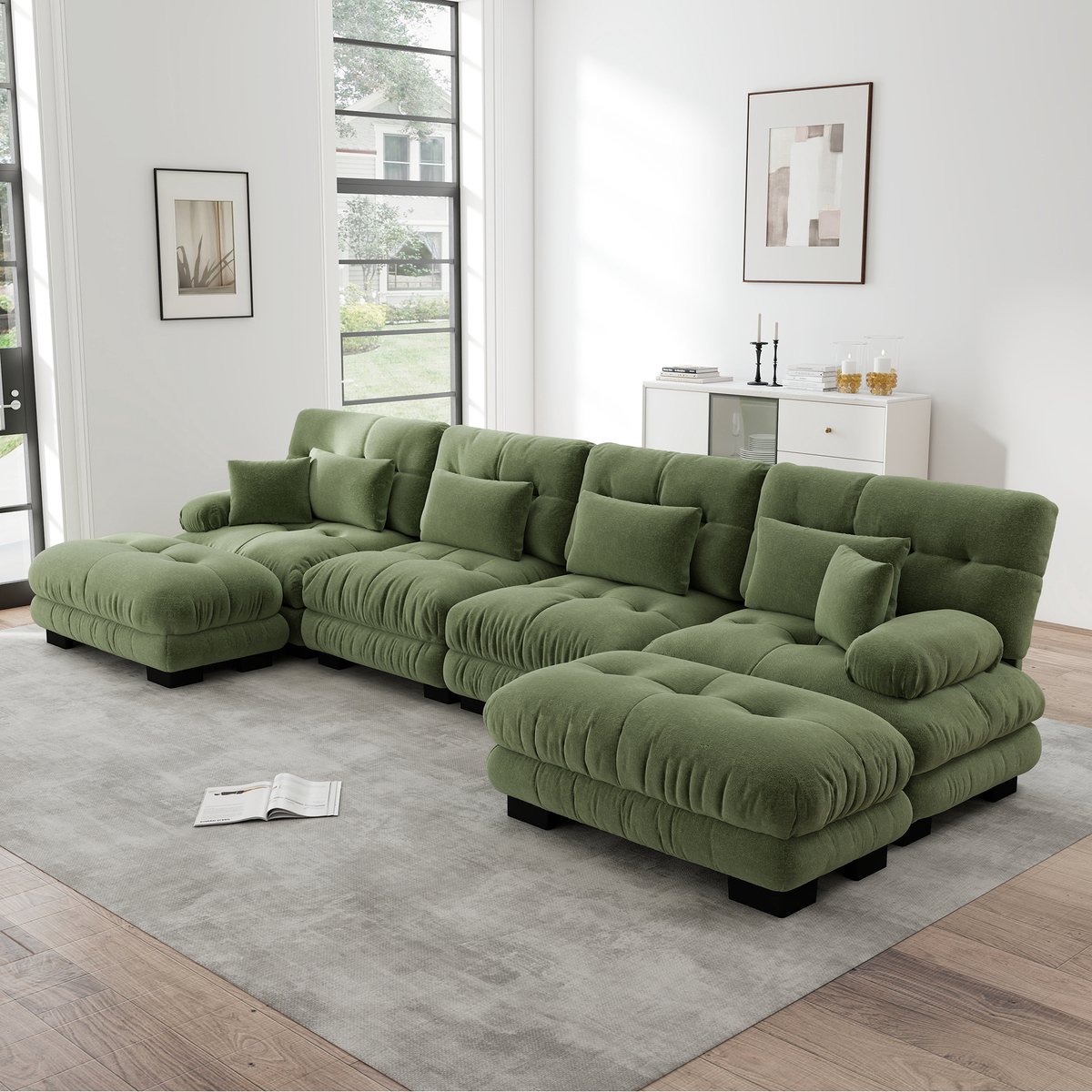 Voor Woonkamers En Huiskamers - Modulair Sofa Set Met Ottomans - 406x145x81 cm, Groen