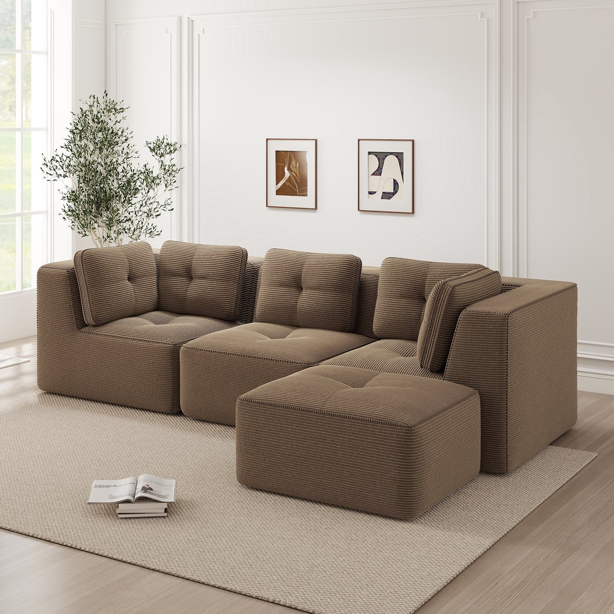 Modulaire Hoekbank - Ribstof Cloud Sofa 3-Zits Met Voetenbank - Frameloze Loungebank Met Diepe Zit En Brede Armleuningen - Zachte Bank Voor Woonkamer - Bruin