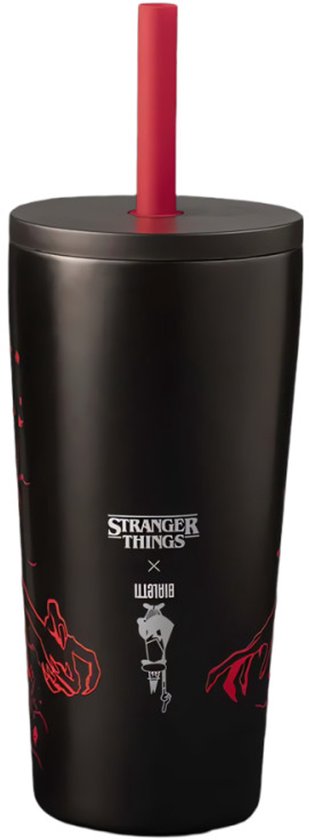 Zwarte thermosbeker met 'Stranger Things x Bialetti' logo en rode opdruk van personages. Rood rietje.