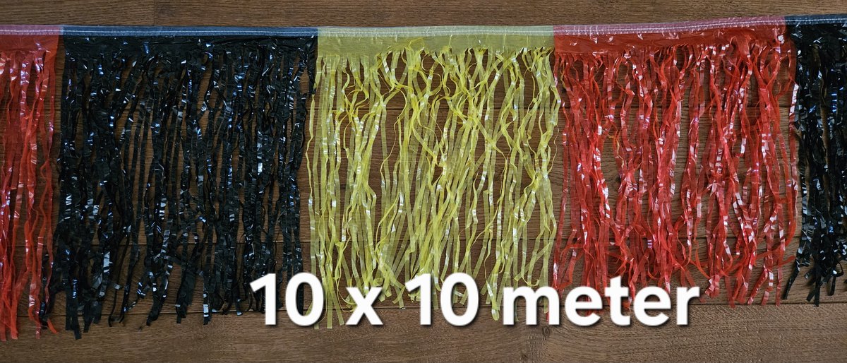 100 meter Franje slinger Zwart/Geel/Rood, 10 stuks van 10 meter, Folie, Zwart / Geel, Rood, Belgie, Duitsland, Slierten slinger, Fringe, Feest, Festival, Thema feest, Fun
