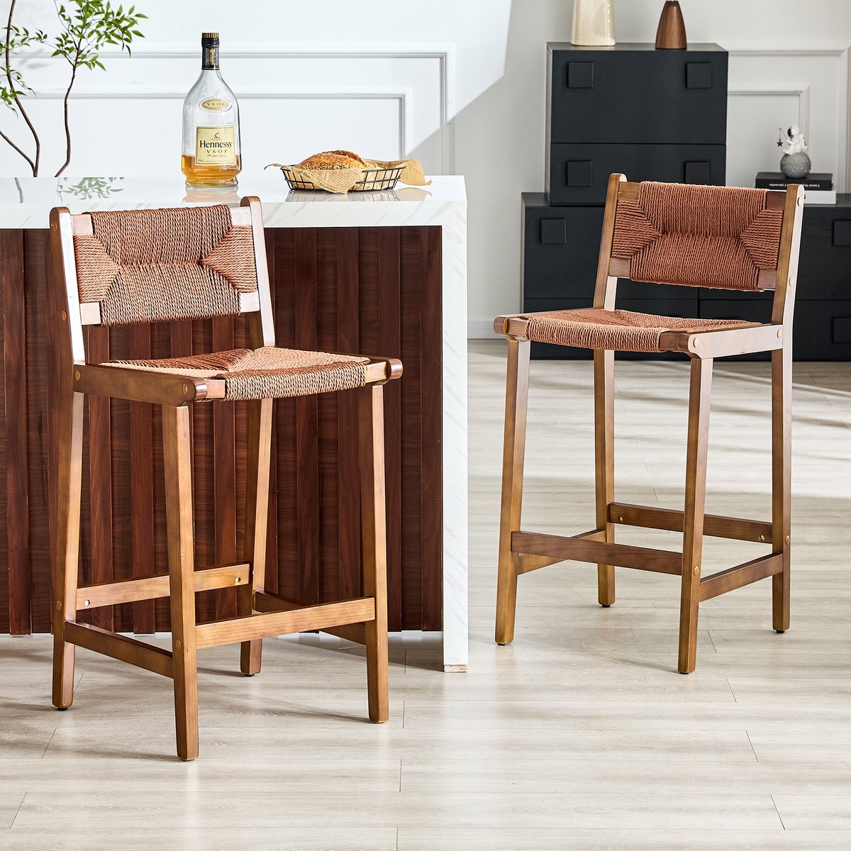 Clruro Barkrukken - 89 cm - 2 Stuks met Gevlochten Zitting - Massief Hout en Touw - Bruin/Naturel
