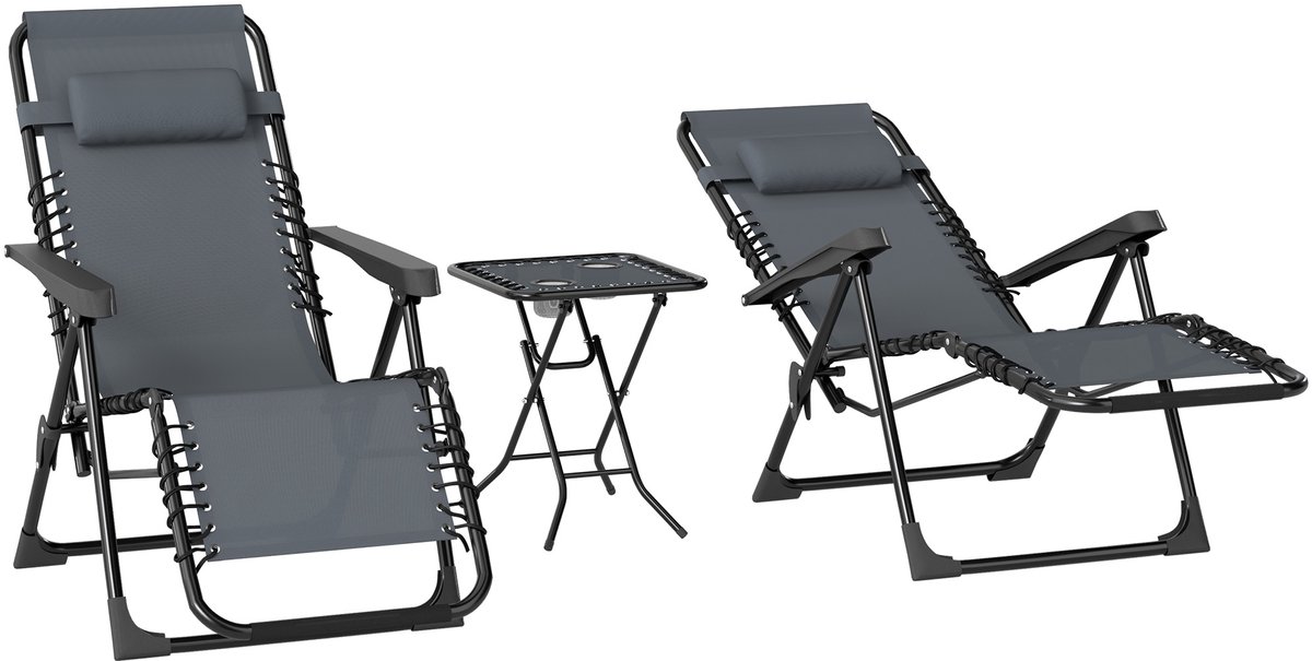 Set van 2 ligstoelen met inklapbare tafel, bekerhouder, tuinstoel, opvouwbaar, van textiel, ligstoel met hoofdbekleding, maximale belasting 120 kg, grijs