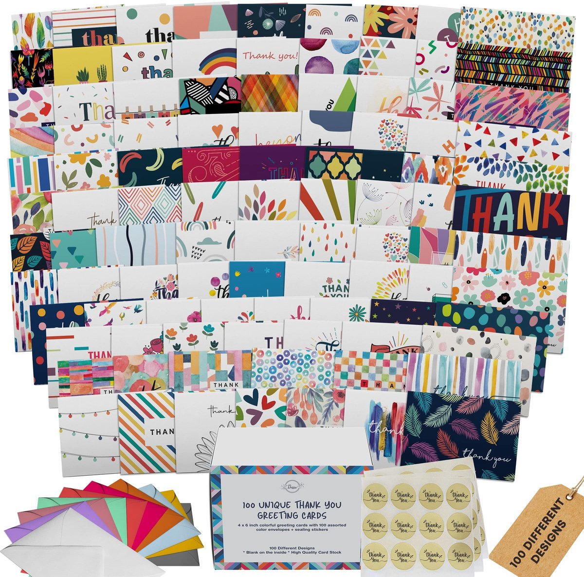 Solidchoice - Unieke Bedankkaarten Set - 100 Ontwerpkaarten met Enveloppen