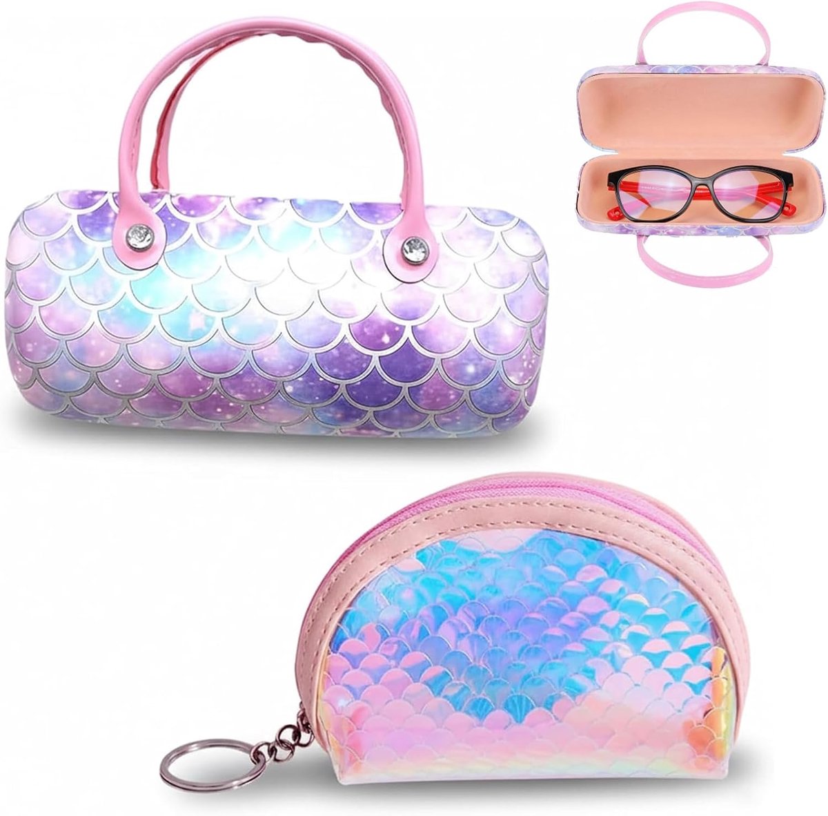 2 Pieces Glasses Case with Handle, Fish Scale Wallet, Portable Glasses Case, Suitable for Glasses, Cosmetics, Coins - ShopVlot