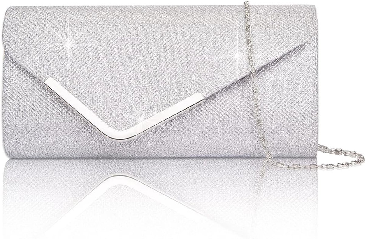 Clutch voor dames, glanzende avondtassen, enveloptassen, portemonnees met afneembare ketting voor dames, elegante schoudertassen voor vrouwen, bruidsjurk, gala, bruiloft, feest (Zilver)