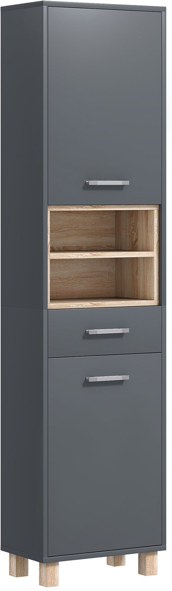Badkamermeubel – Hoog badkamermeubel met 2 opbergkasten en 1 lade – 2 open vakken – Badkamermeubel met verstelbare planken – Grijs