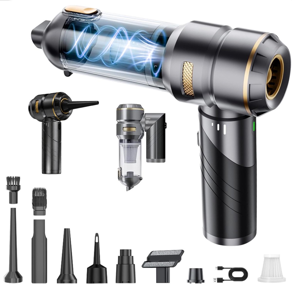 Auto Stofzuiger Draadloos 4-in-1 – Opvouwbare Handstofzuiger met Blaasfunctie – 16 kPa – 80.000 RPM – 3 Standen – USB-C – 11 Accessoires – Zwart/Goud