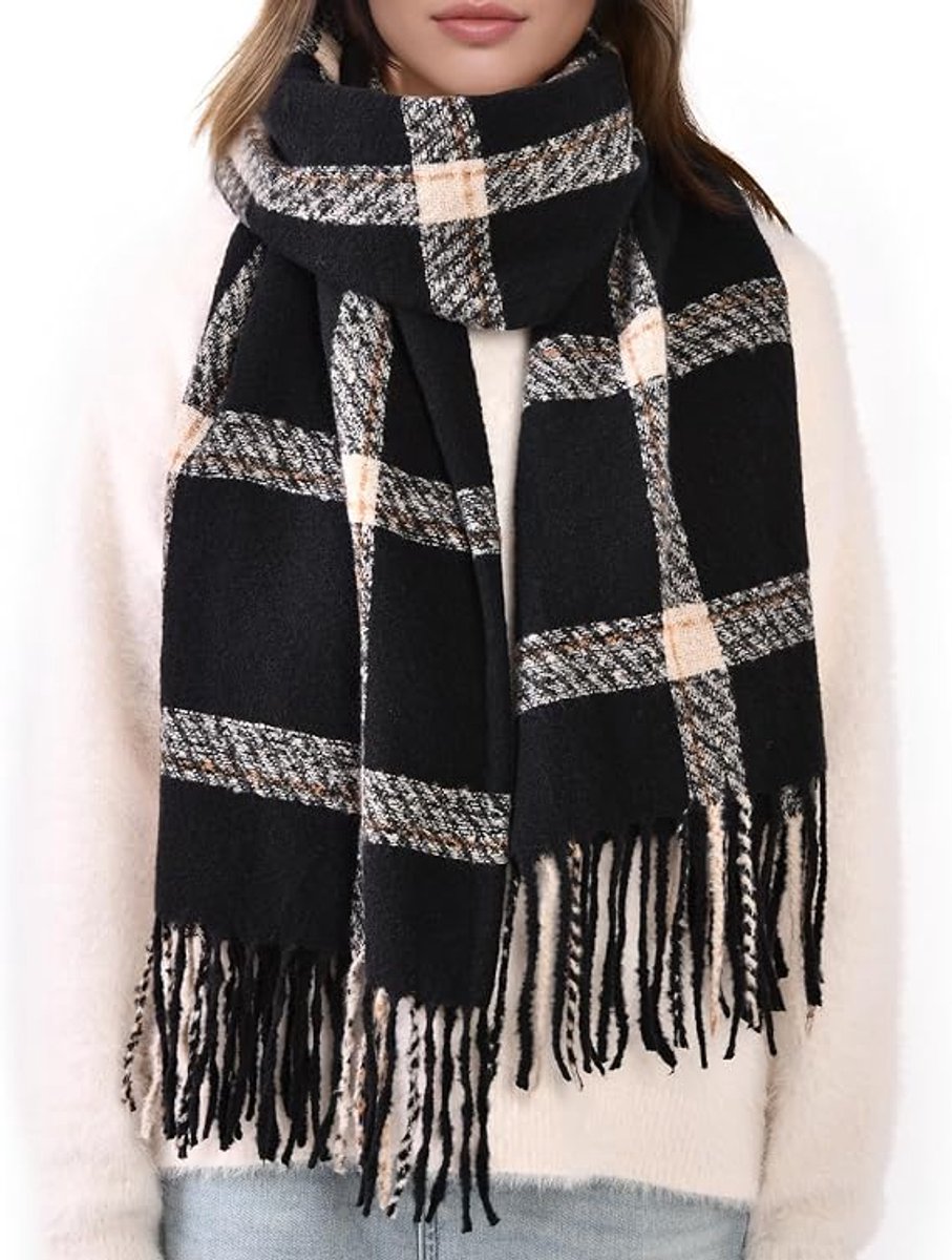 Wintersjaals voor dames - lange dekensjaal - zachte geruite sjaal met kwastjes - grove oversized omslagdoeken - 180 x 63 cm - Zwart