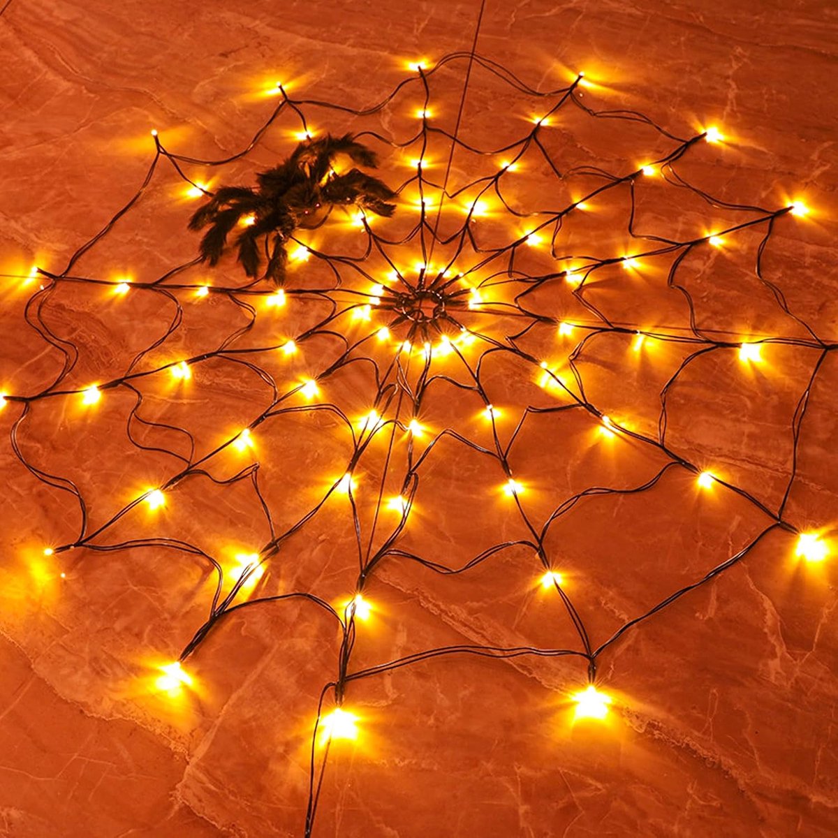 Oranje Halloween-spinnenwebverlichting (inclusief 1 spin), 70 leds, op batterijen, 8 lichtstanden, geschikt voor binnen en buiten (tuin, terras en huisdecoratie) - 1,2 m - Oranje