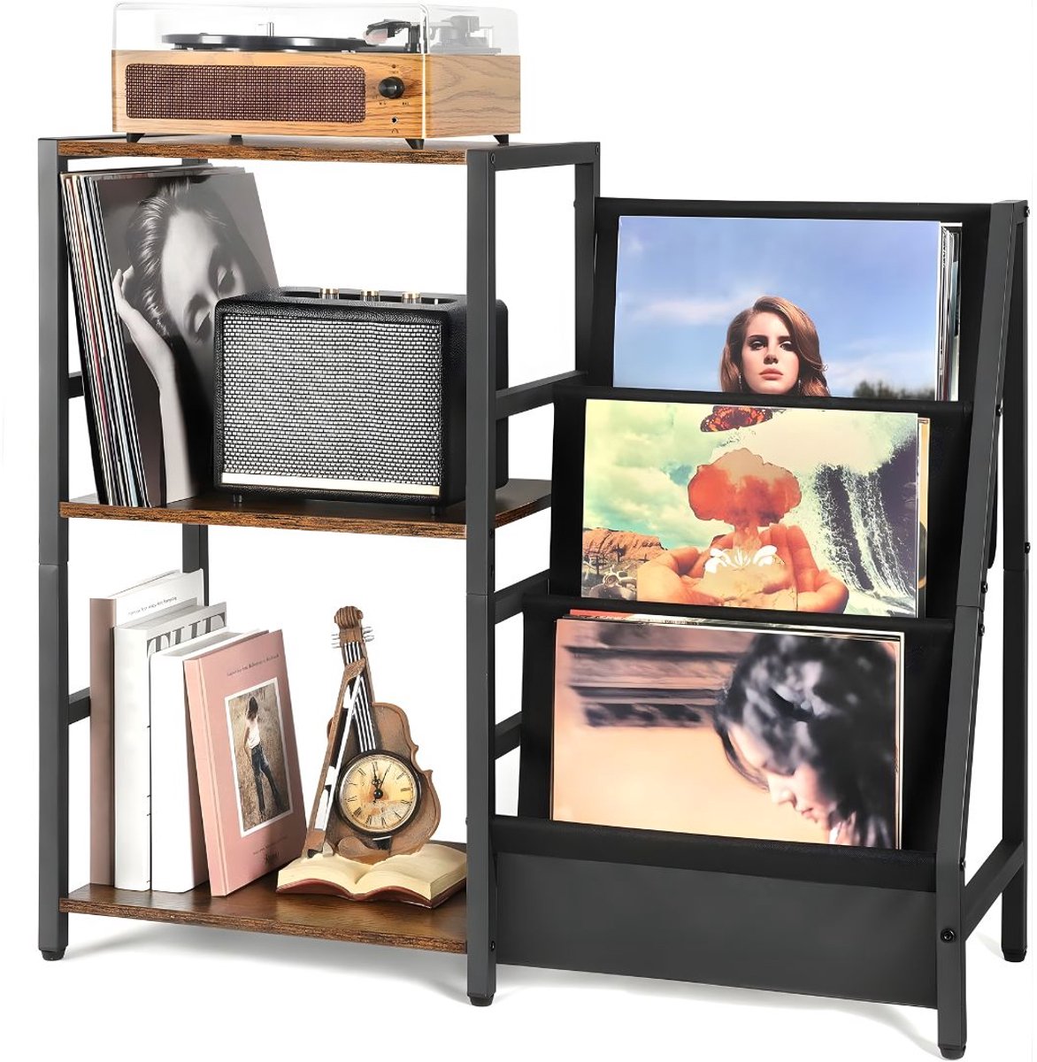 KIRA® Platenspeler Meubel - Stevige Platenspeler Kast - Platenspeler Meubel met LP Opslag - Bruin en Zwart - 30cm x 84cm x 74cm