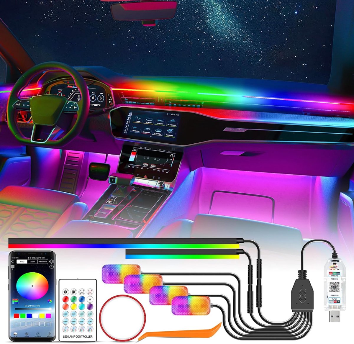 ZRNS® Auto Interieur Verlichting - LED Strip - Sfeerverlichting RGB - App Besturing