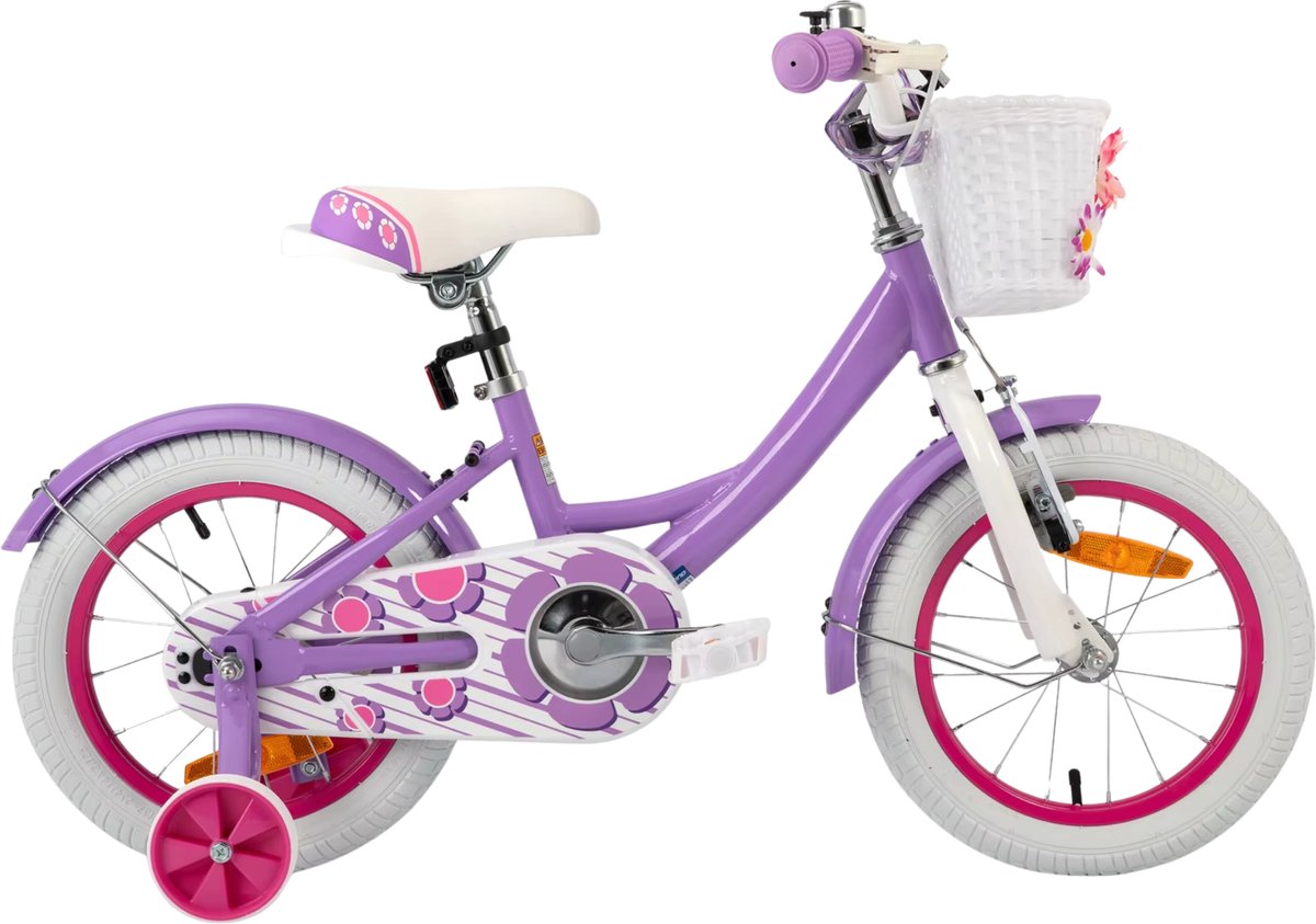 Kinderfiets 30–41 cm – Voor meisjes van 3–7 jaar voor dagelijks gebruik en spel – Met mand en stabilisatoren – Paars frame