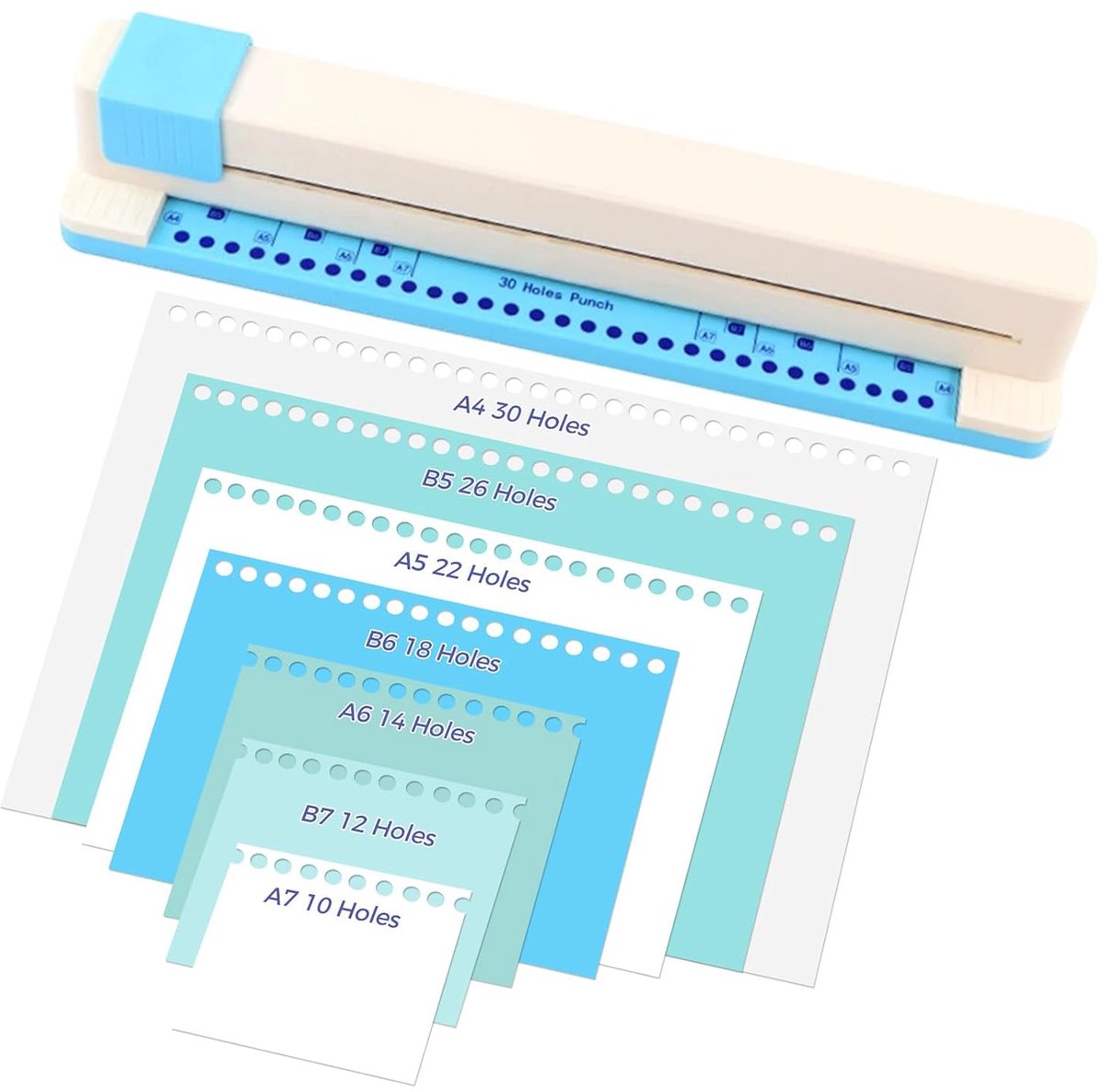 30-gats ponsmachine - geschikt voor A4/B5/A5/B6/A6/B7/A7 papier - verstelbare losseblad ponsmachine - geschikt voor ringnotebooks en dagboekbenodigdheden, 5 pagina's capaciteit spiraalpons