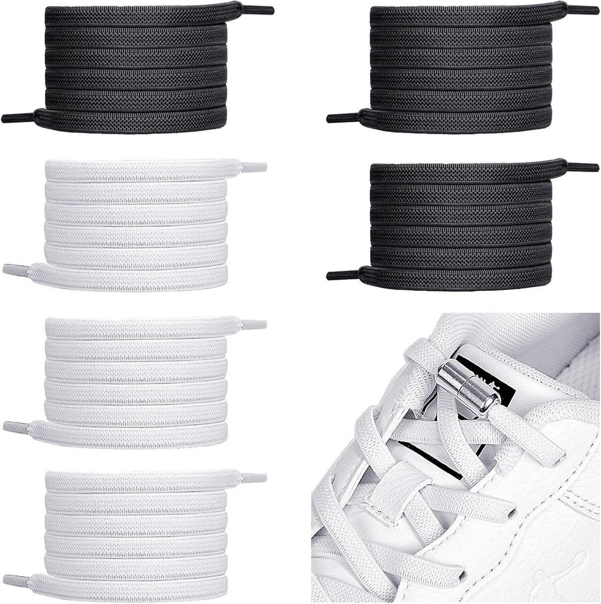 Elastische veters zonder strikken - platte veters met metalen klem - 6 paar in zwart en wit - SnelShoppen