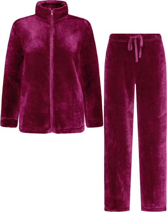Bordeauxrood fleece huispak met ritssluiting en bijpassende broek.