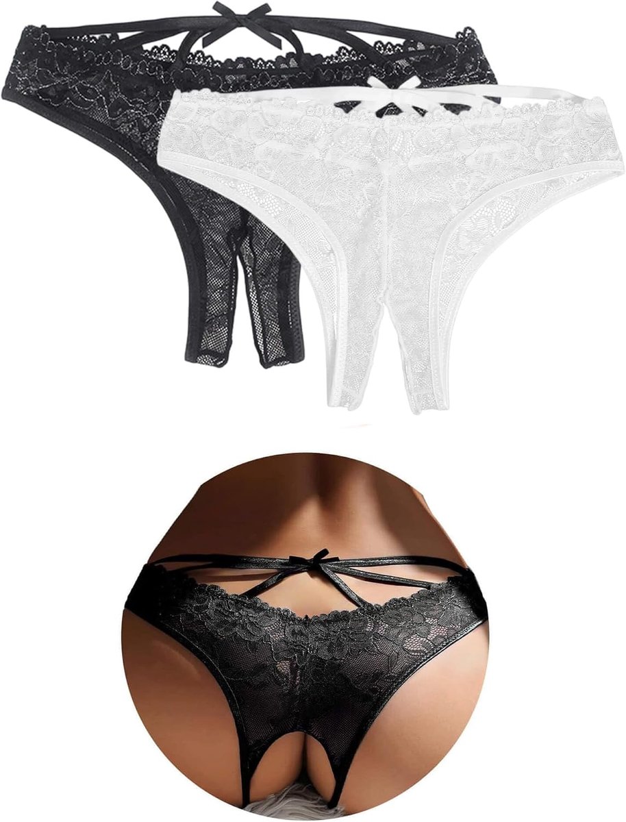 Tanga ondergoed dames plus size - kant zwart/wit - verleidelijke uitstraling - ideaal voor speciale momenten - SnelShoppen