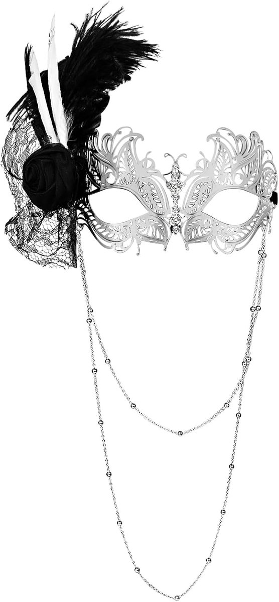 Venetiaans masker met veren - verstelbaar halfmasker - met strass en dubbele decoratieve ketting - SnelShoppen
