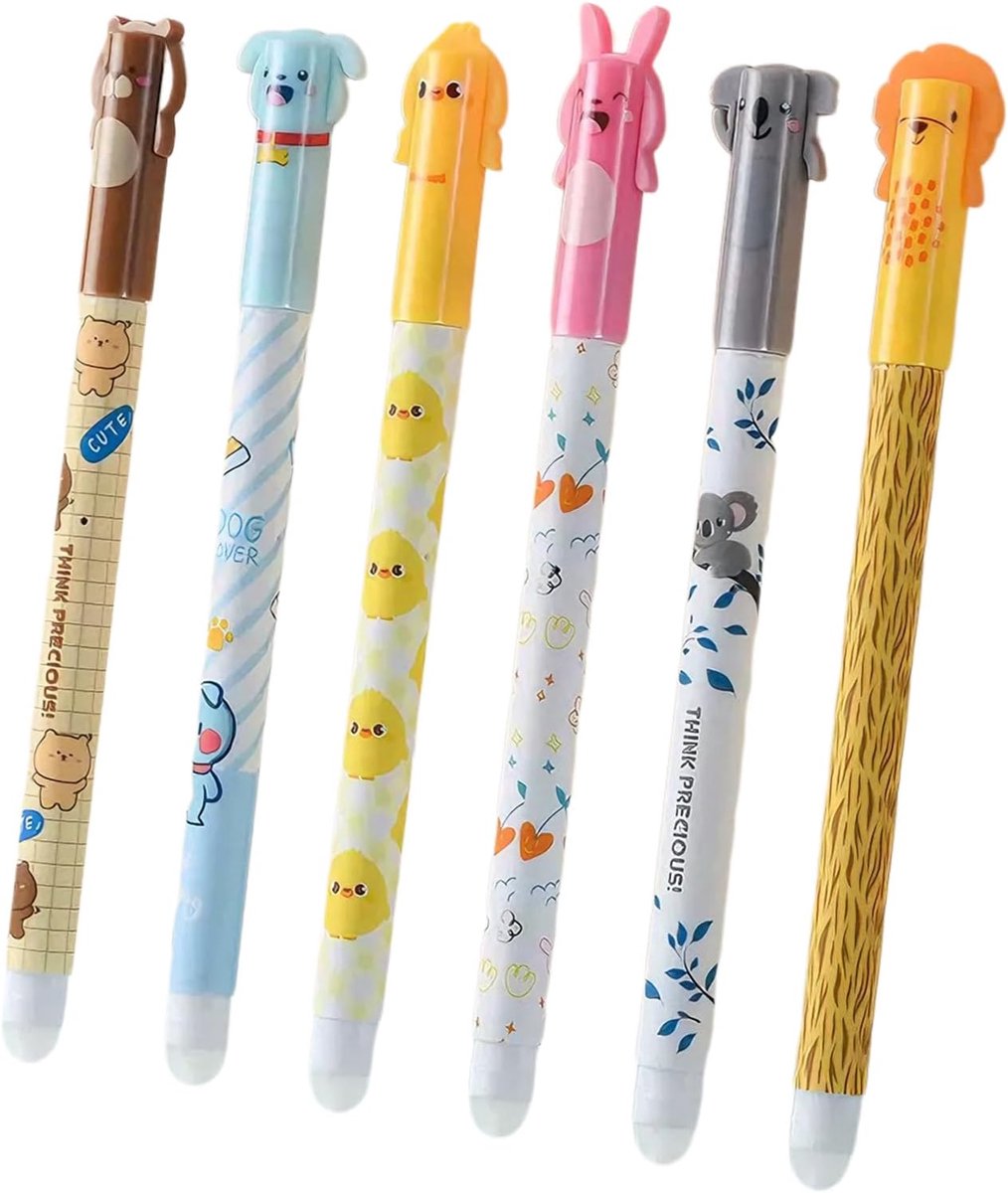 Set van 6 uitwisbare balpennen - 0,5 mm uitwisbare punt - schattige diertjes - perfect voor school en kantoor - SnelShoppen