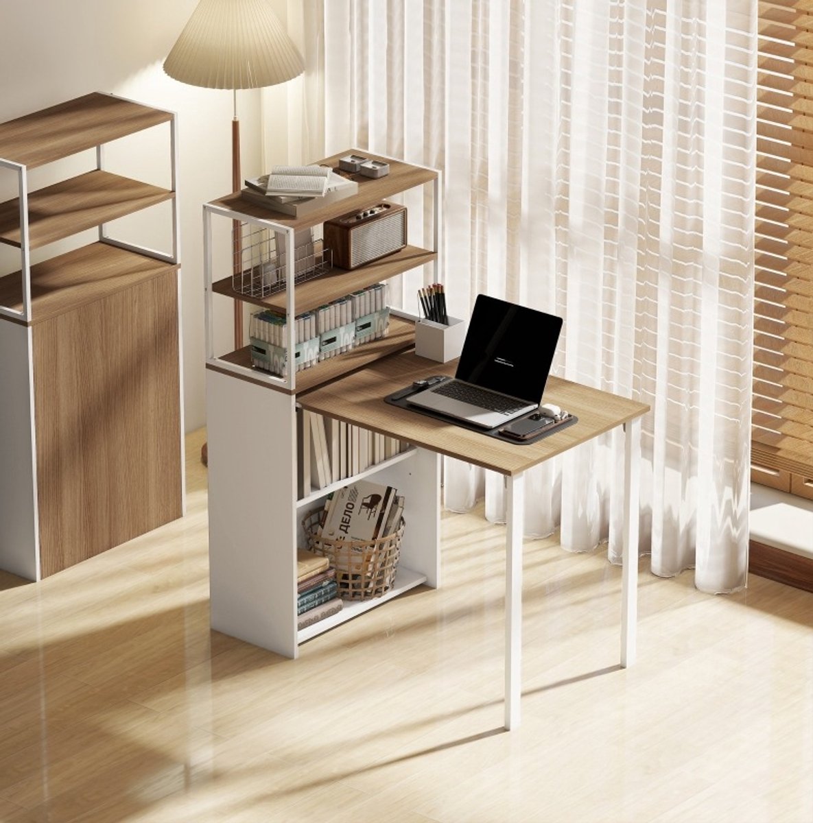 STILVORA Bureau Klapbaar Met Vier Planken En Werkblad Voor Kleine Ruimtes Van Spaanplaat En Metaal In Natuurlijk Hout 105 X 60 X 127 Cm