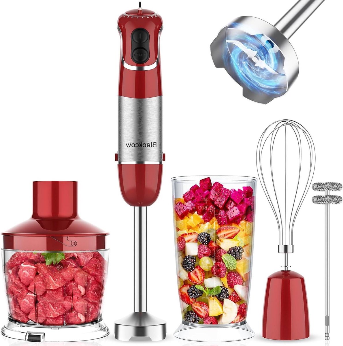 Handmixer Set - Staafmixer Blender - Keuken Assistent - 800W Krachtige Motor - 30 x 30 ml - Rood