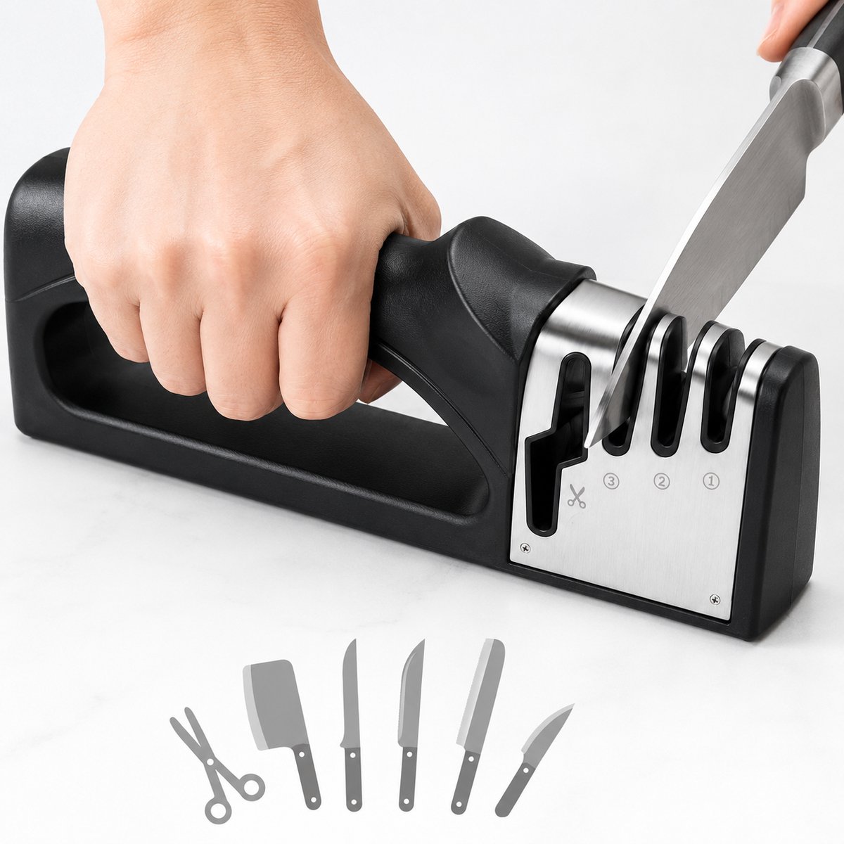 Messenslijper 4-in-1 - 3-Traps Slijpsysteem - Ergonomisch vormgegeven - Anti Slip Knife Sharpener - Doortrekslijper – Aanzetstaal - slijpsteen - RVS