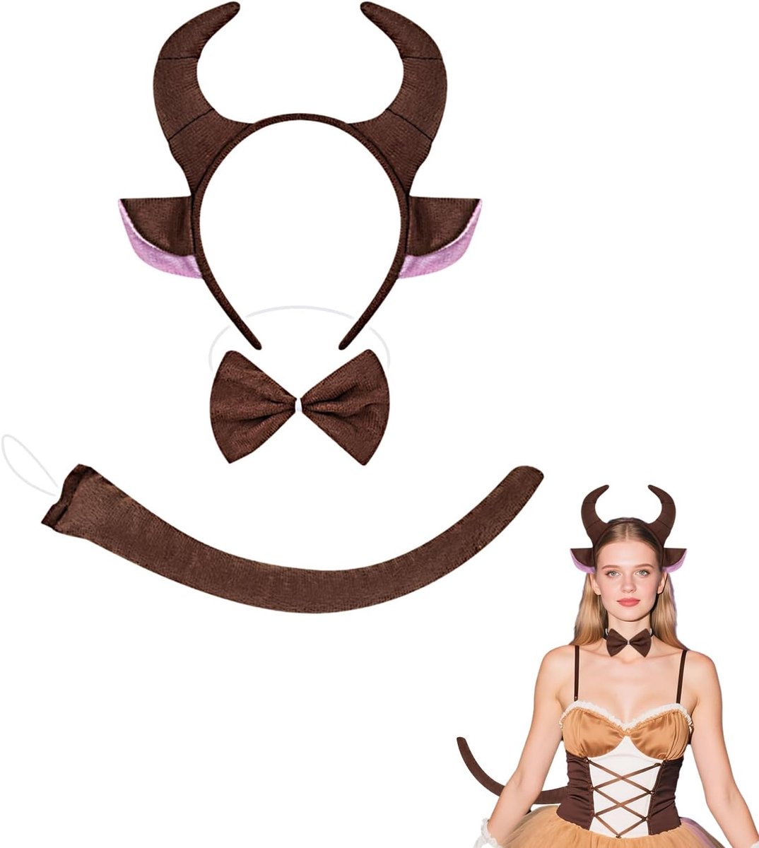 Bull kostuumaccessoires set - bruine hoorn koptelefoon met oren - strik en staart - ideaal voor feestjes - SnelShoppen