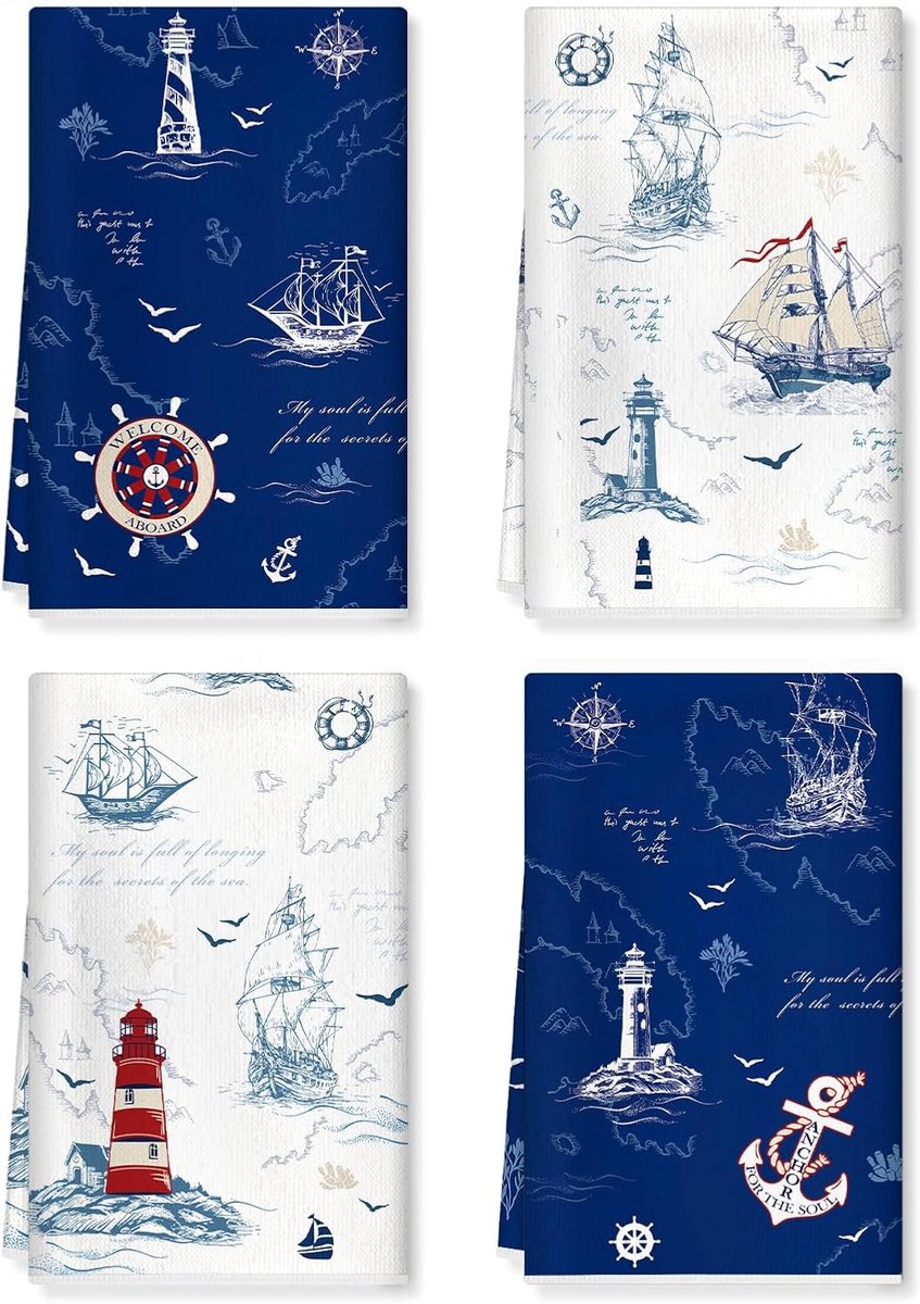 Keukenhanddoeken 42x70cm - Zachte dikke katoenmix - Lighthouse prints - Decoratief en absorberend - ShopVlot