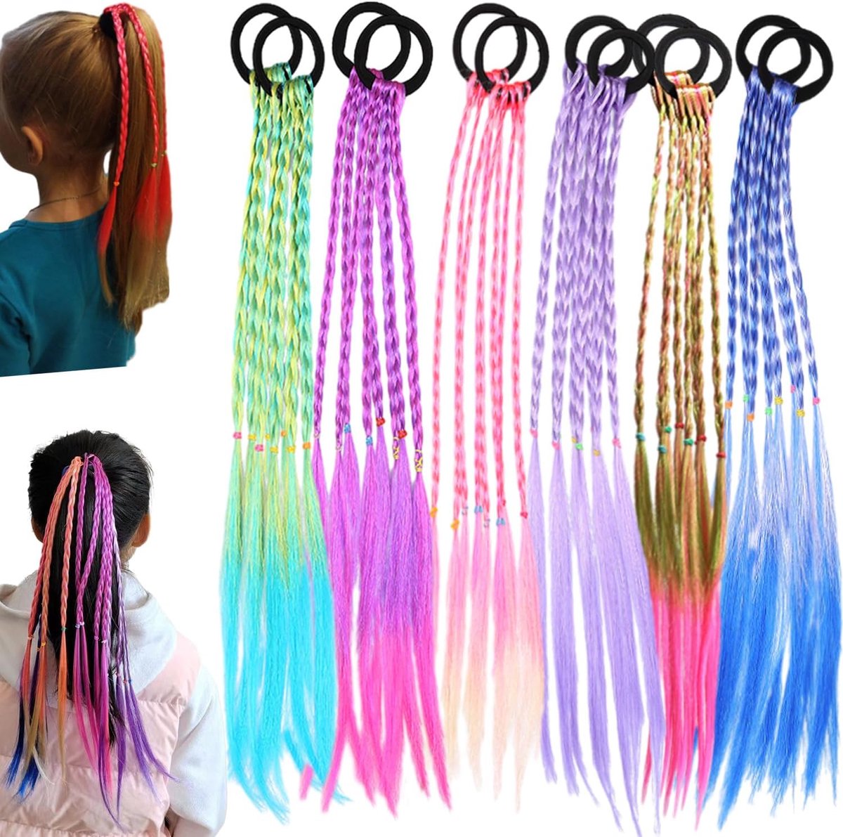 SnelShoppen - 12 Stuks Kleurrijke Kinder Haarstrengen Haarstukken Twist Vlechten met Elastische Band Kleurverloop voor Feest en Festival