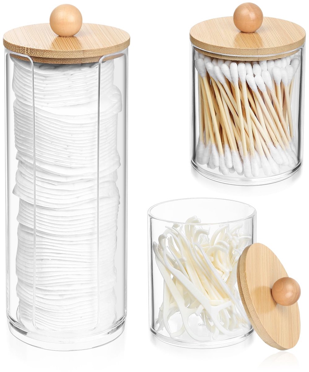 Wattenstaafjesdispenser 3 stuks - Bamboedeksel - Opbergdoos voor badkamer - Houdt alles georganiseerd - ShopVlot