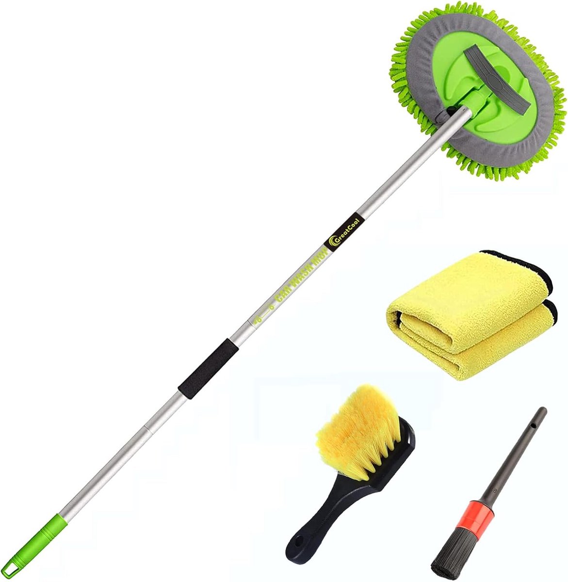 Autowasborstelset met lang handvat - 2-in-1 chenille-microvezel - voor auto, vrachtwagen en camper - grondige reiniging - ShopVlot