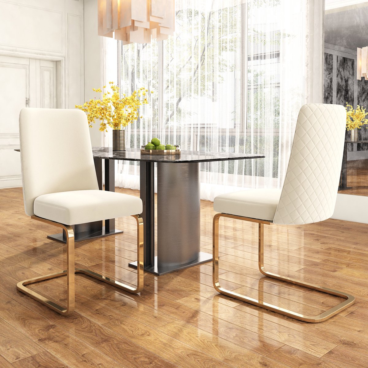 Eetkamerstoel 2 Delig - Velvet Stoel Met Diamant Rugleuning En Gouden Metalen Poten Beige