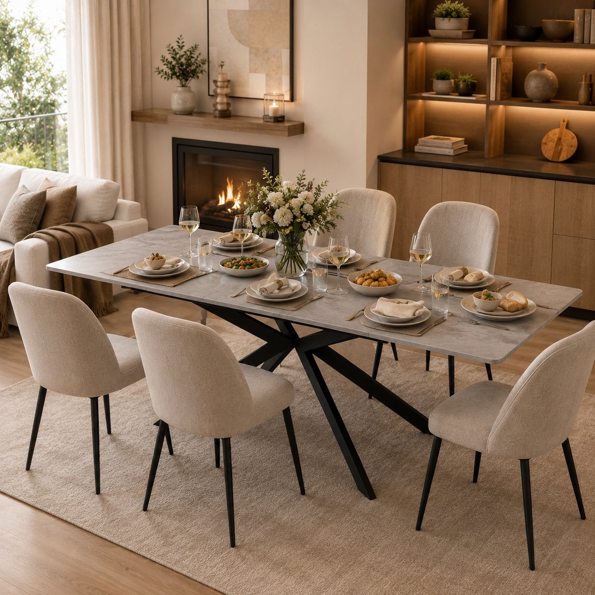 Uitbreidbare Eettafel 150/180 cm - Automatisch Uitschuifbare Tafel 180x70 cm Met Kruisvormig Onderstel - Zementlook Zwart Grijs