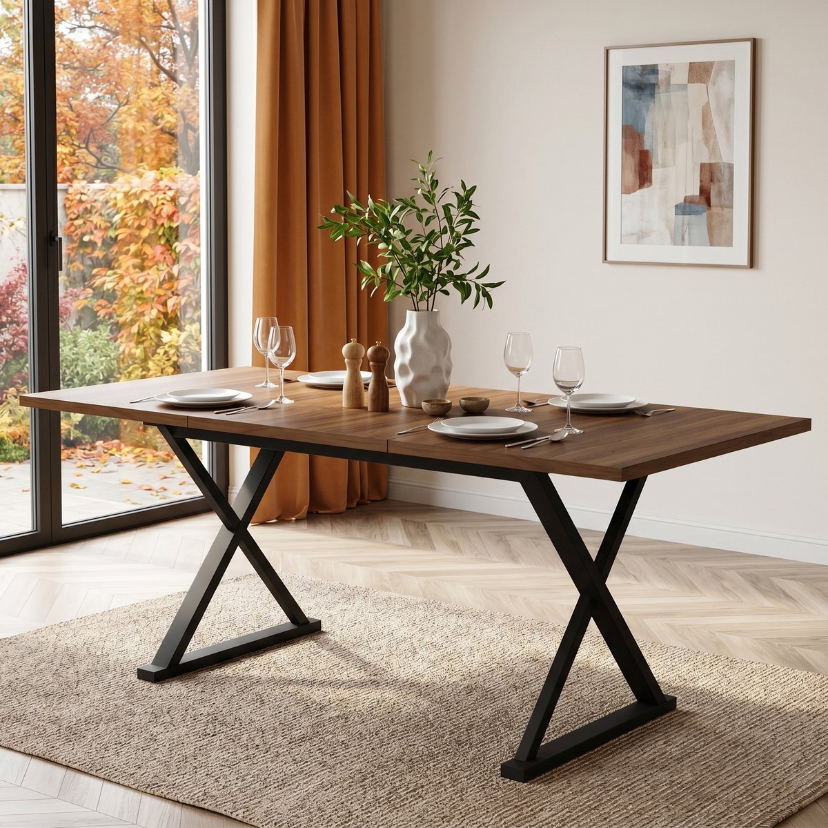 Eettafel 180x90 cm - Moderne Eettafel Met X-Vorm Metalen Onderstel Voor 6-8 Personen Walnoot
