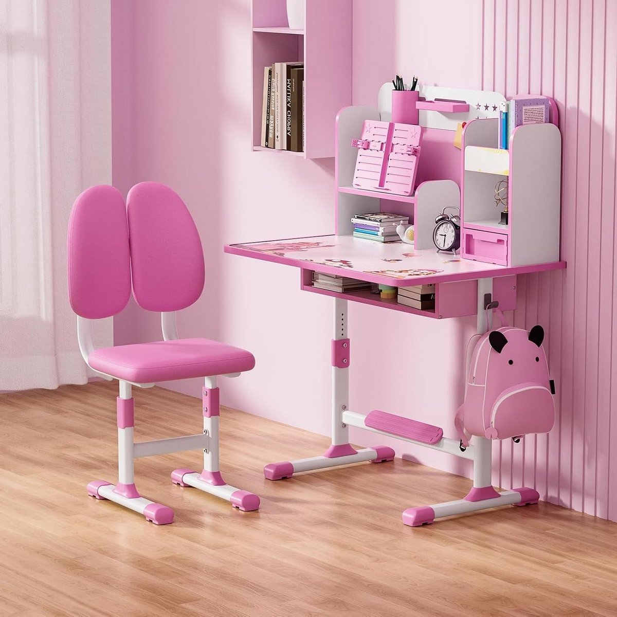 Kinderbureau Stoel Set - Studeerset Kinderen - Leren en Lezen - Hoogteverstelbaar Ergonomisch - 80cm Breed - Roze