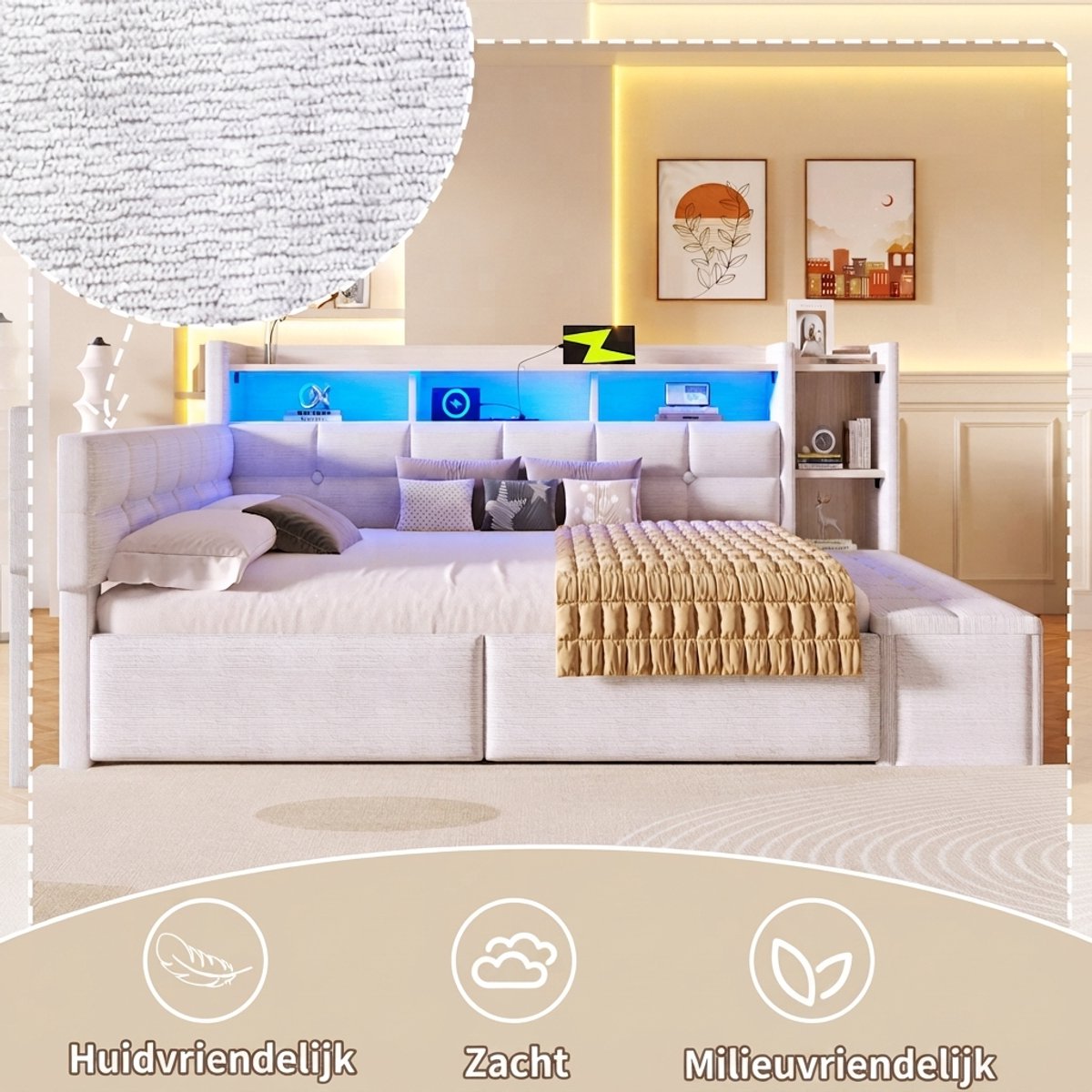 VVBV Bedbank 140x190 cm - USB & Type-C, Opbergruimte, Stopcontact, LED-Verlichting - Wit, Fluweel