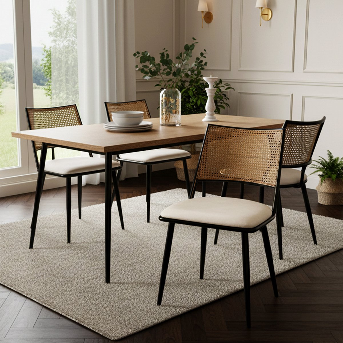 4 Eetkamerstoelen 60x59x49 cm - Rattan Stoel Met PU Zitkussen En Rugleuning Zwart