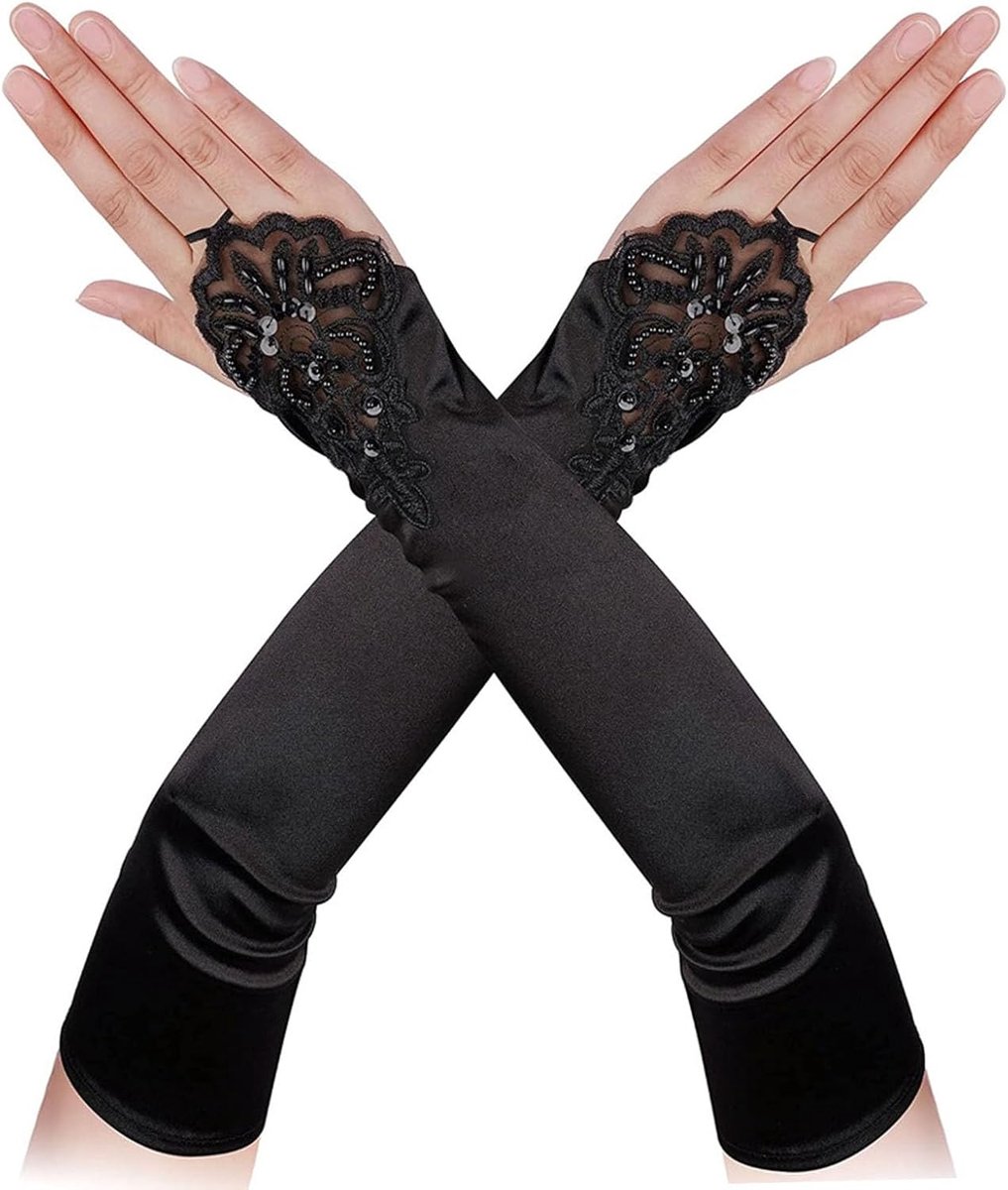 Vingerloze Lange Handschoenen Dames 42 cm - Retro Kant Satijn - Elegant voor Bruiloft of Feest - ShopVlot