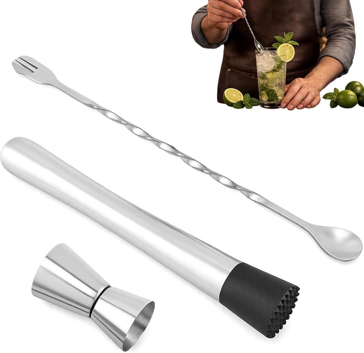 Cocktailmuilkorfset, 25 cm roestvrijstalen barmuilkorf, drankroerset met roerlepel en maatbeker, voor het maken van mojito's, margarita's en cocktails.