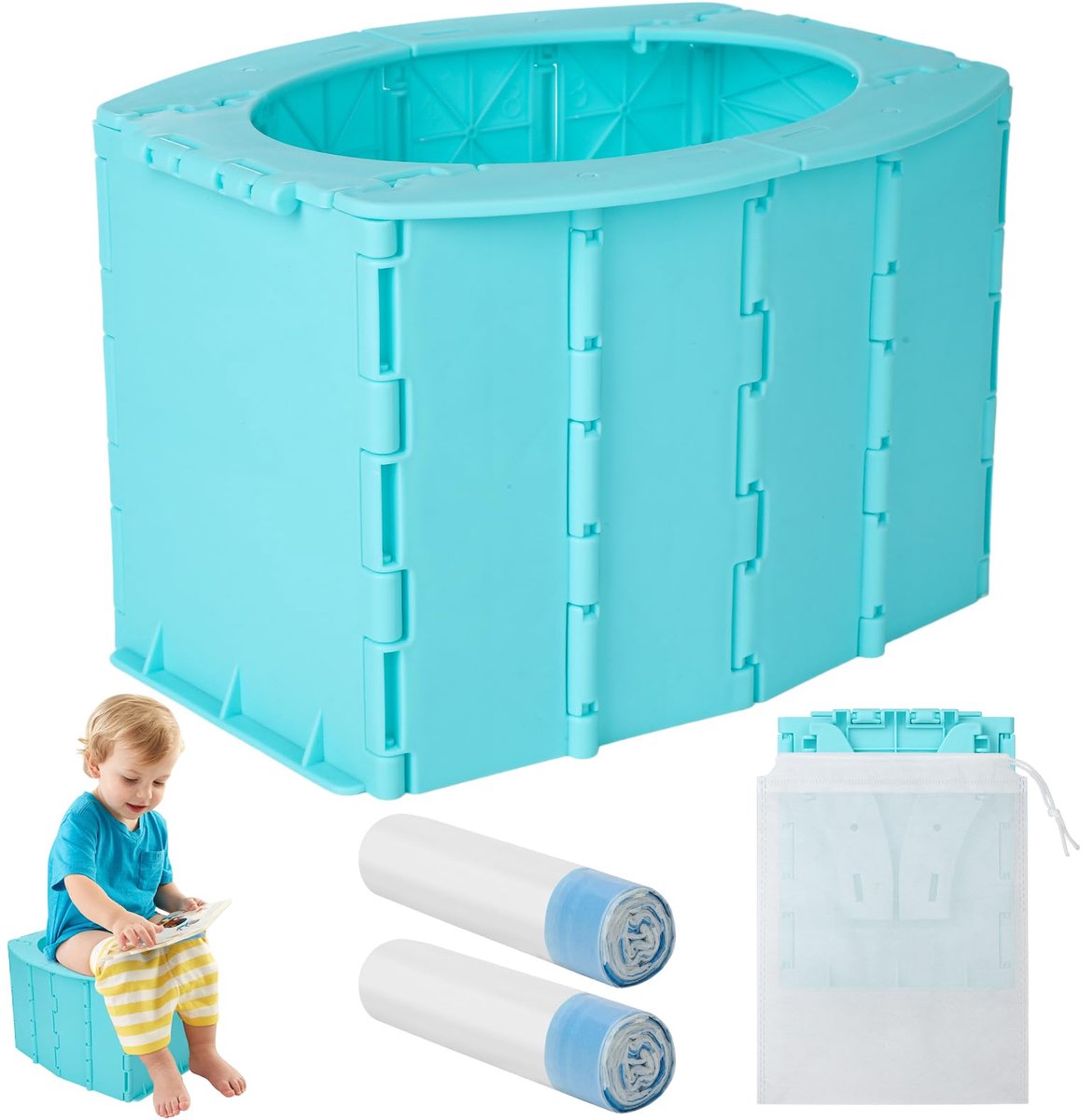 Kinder Toilet - Draagbare Potty - Reizen en Camping - Opvouwbaar en Hygiënisch - 19 x 17.5 cm - Blauwgroen