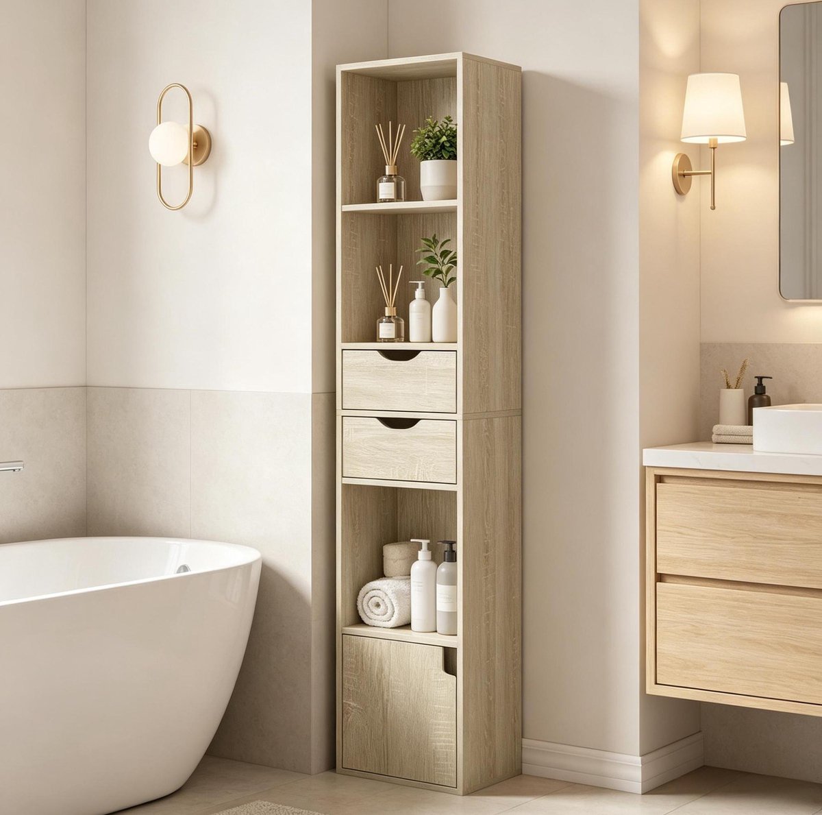 MODENUIT Boekenkast - Smal Hoog Opbergmeubel Met 2 Lades En Deur - Licht Eiken - 30x157,5x24 Cm - Voor Woonkamer