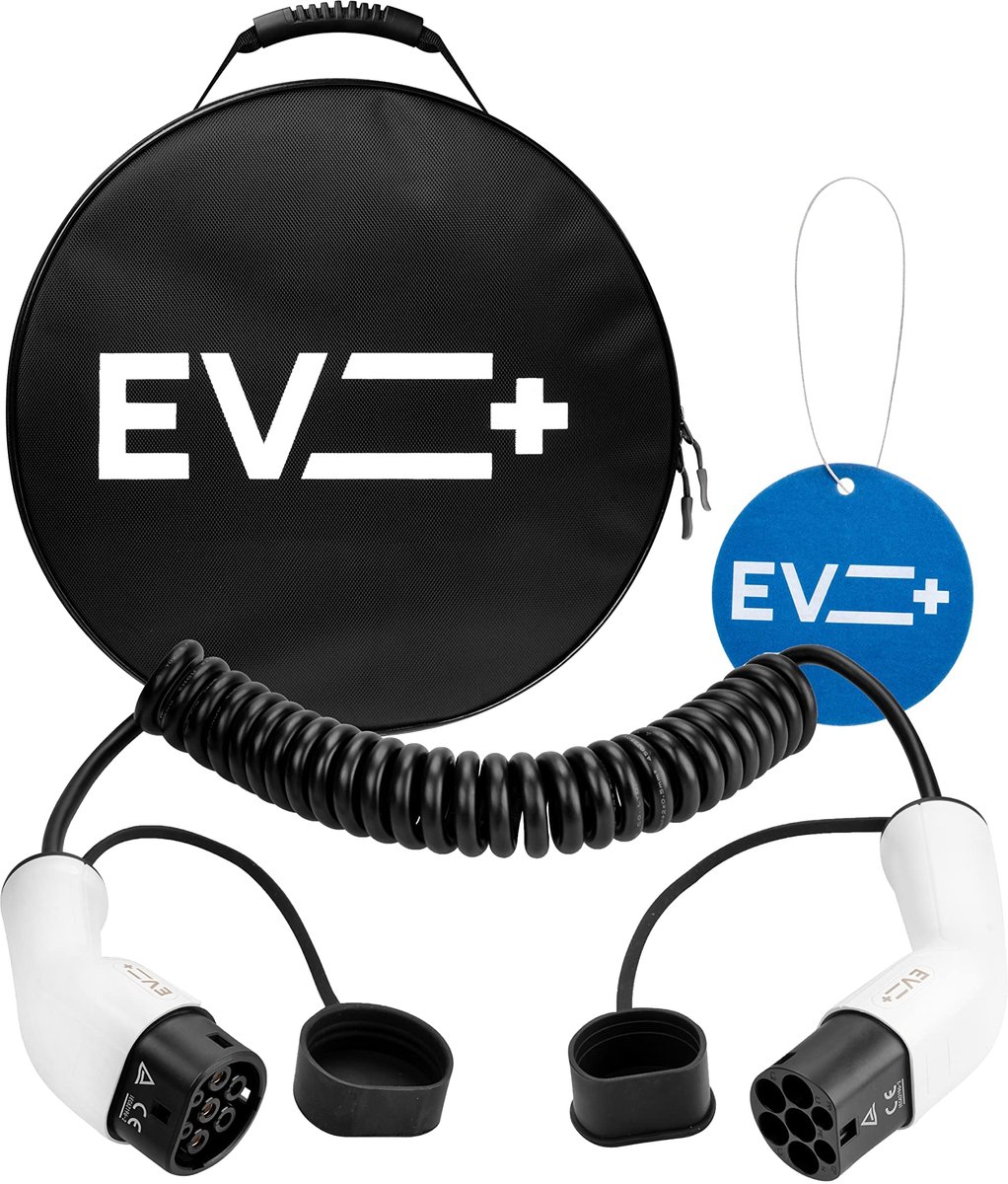 Laadkabel elektrisch voertuig 3 meter - spiraal Type 2 naar Type 2 - 1-fase 32A 7.2 kW - draagtas inbegrepen - ShopVlot